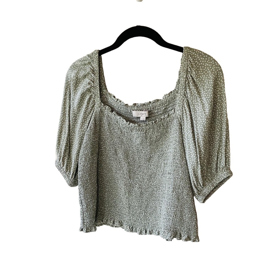Loft Dotted Smocked Blouse S Green White Cottagecore Peasant Rayon